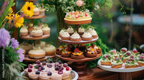 Elegant desserts of very high quality, decorated with flowers, unusual presentation, and works of culinary art, for weddings and children's parties.