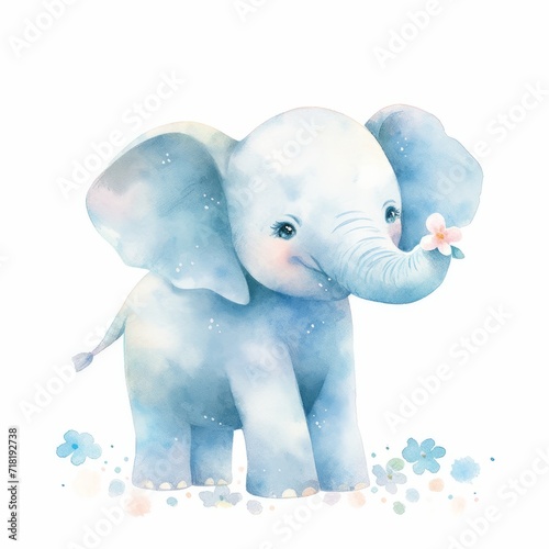A delicate watercolor illustration of a baby elephant holding a flower, with in his trunk gentle, dreamy expression. For kid's book, Greeting card, t-shirt print, kids wear fashion design