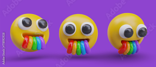 Set of emoji with big eyes and mouth with rainbow in different positions. Funny emoticon yawning with rainbow. Vector illustration in 3d style with purple background