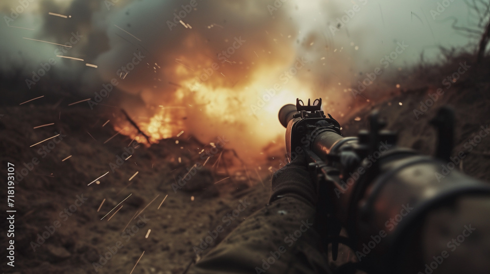 Rocket launcher firing at the battlefield Rocket launcher firing at the battlefield