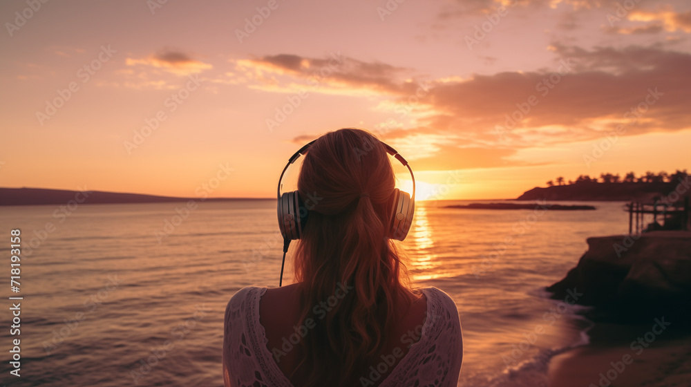 Jeune femme aux cheveux longs écoutant de la musique avec un casque sur