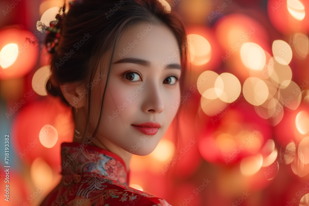 Close up portrait asian chinese woman in traditional cheongsam qipao dress on blurred red lantern background. Chinese new year. Generated AI. Close up portrait asian chinese woman in traditional cheongsam qipao dress on blurred red lantern background. Chinese new year. Generated AI.