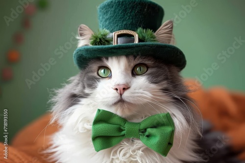 A dapper feline confidently struts indoors, flaunting a trendy green hat and bow tie as its sleek fur adds to its charming appeal photo