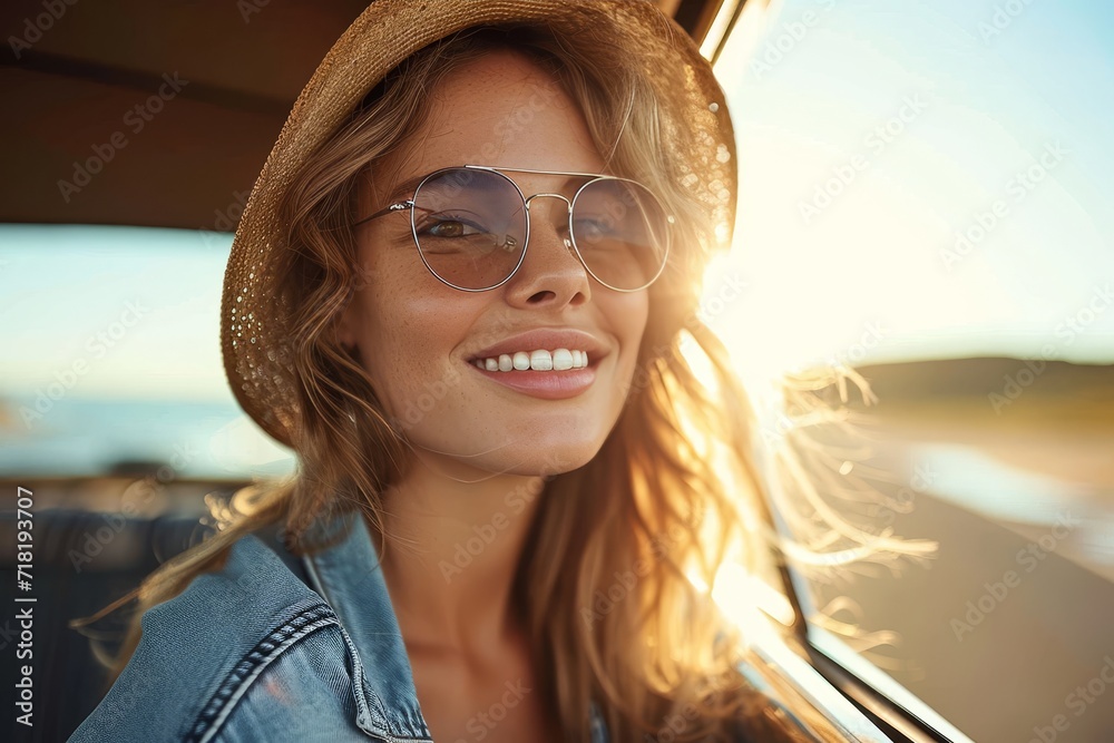 A stylish woman with long brown hair and cool eyewear is smiling at the camera while wearing a fashionable hat and sunglasses, exuding a carefree and confident vibe A stylish woman with long brown hair and cool eyewear is smiling at the camera while wearing a fashionable hat and sunglasses, exuding a carefree and confident vibe
