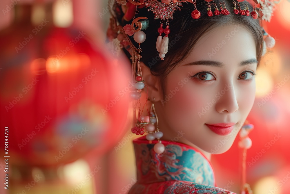 Close up portrait asian chinese woman in traditional cheongsam qipao dress on blurred red lantern background. Chinese new year. Generated AI. Close up portrait asian chinese woman in traditional cheongsam qipao dress on blurred red lantern background. Chinese new year. Generated AI.