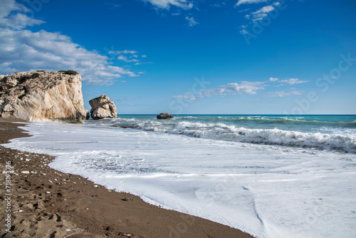 Aphrodite Beach with Stone Rocks in Aphrodite bay of Mediterranean sea water, Petra tu Romiou, Cyprus (1)