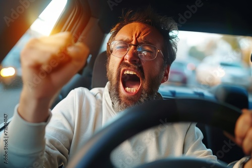 As the man in the car yawned, his glasses slid down his nose, reflecting the passing scenery in the rearview mirror, while his hands gripped the wheel with weary determination, a symbol of the monoto