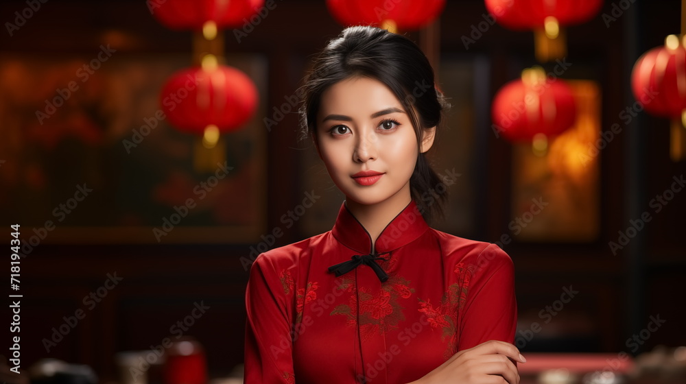 Close up portrait asian chinese woman in traditional cheongsam qipao dress on blurred red lantern background. Chinese new year. Generated AI. Close up portrait asian chinese woman in traditional cheongsam qipao dress on blurred red lantern background. Chinese new year. Generated AI.