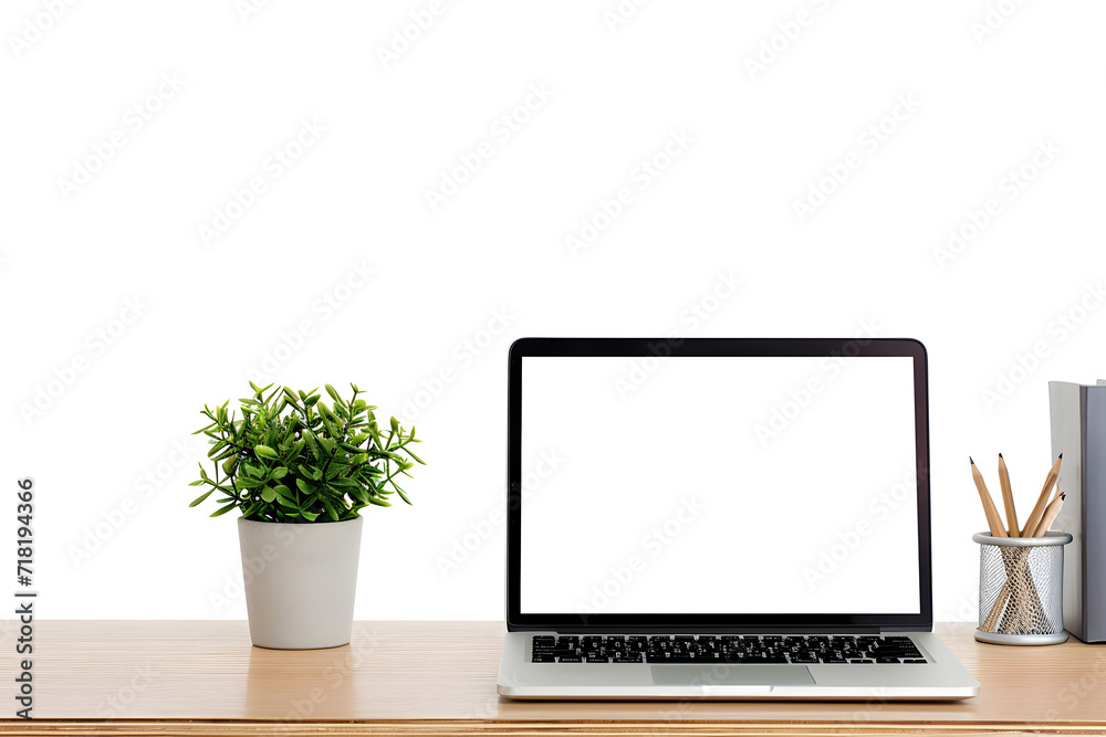 Fototapeta premium Desk with laptop isolated workspace mockup