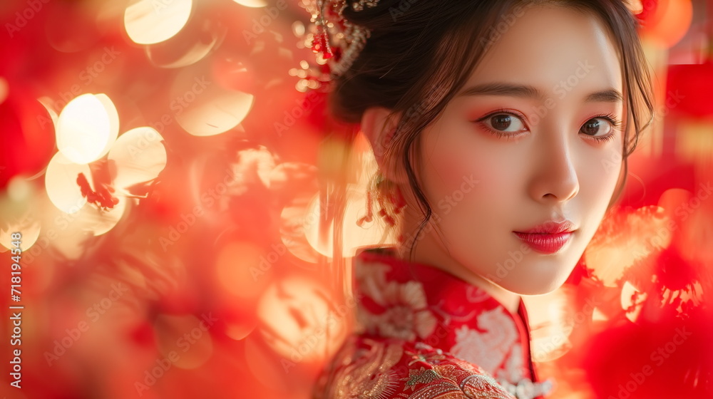Close up portrait asian chinese woman in traditional cheongsam qipao dress on blurred red lantern background. Chinese new year. Generated AI. Close up portrait asian chinese woman in traditional cheongsam qipao dress on blurred red lantern background. Chinese new year. Generated AI.
