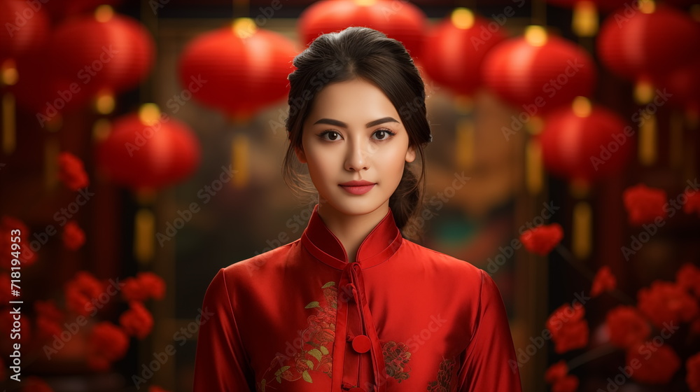 Close up portrait asian chinese woman in traditional cheongsam qipao dress on blurred red lantern background. Chinese new year. Generated AI.