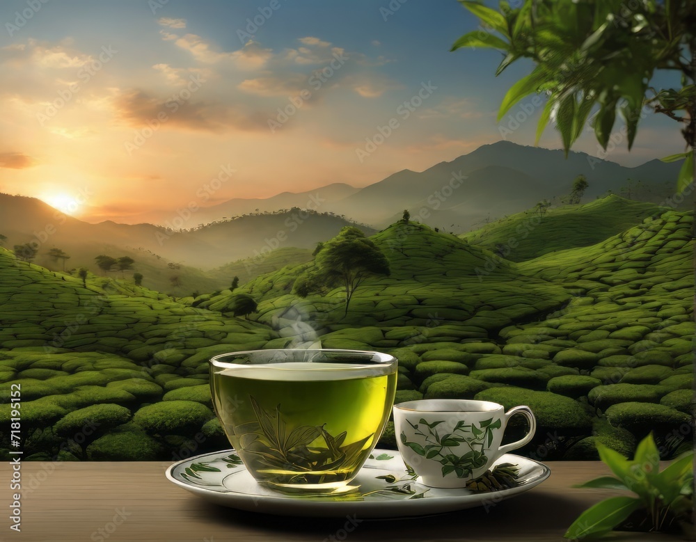 Royal Cup of green tea with green tea farming background Royal Cup of green tea with green tea farming background