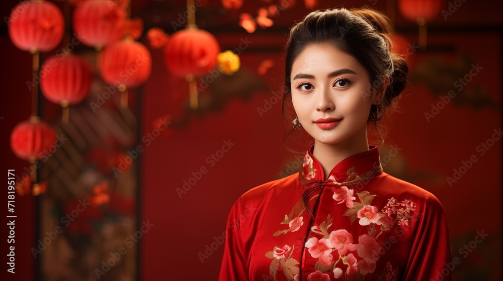 Close up portrait asian chinese woman in traditional cheongsam qipao dress on blurred red lantern background. Chinese new year. Generated AI. Close up portrait asian chinese woman in traditional cheongsam qipao dress on blurred red lantern background. Chinese new year. Generated AI.