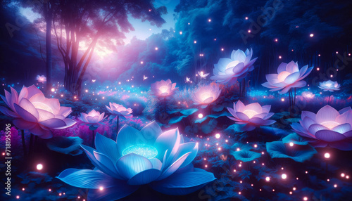 Enchanted Night Garden with Luminous Flowers. Nighttime fantasy garden with glowing luminescent lotus flowers.