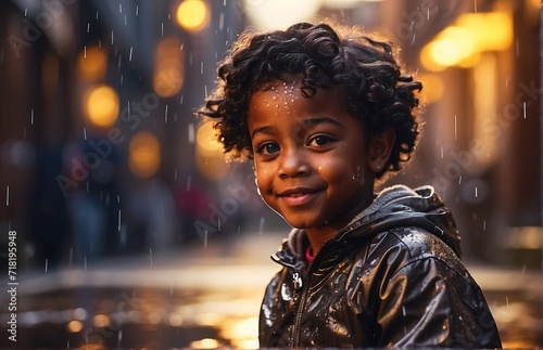 Kid playing in a rain puddle