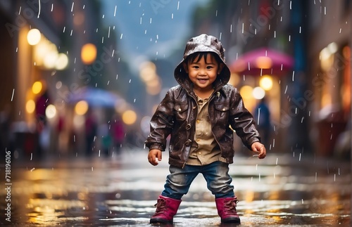 Kid playing in a rain puddle