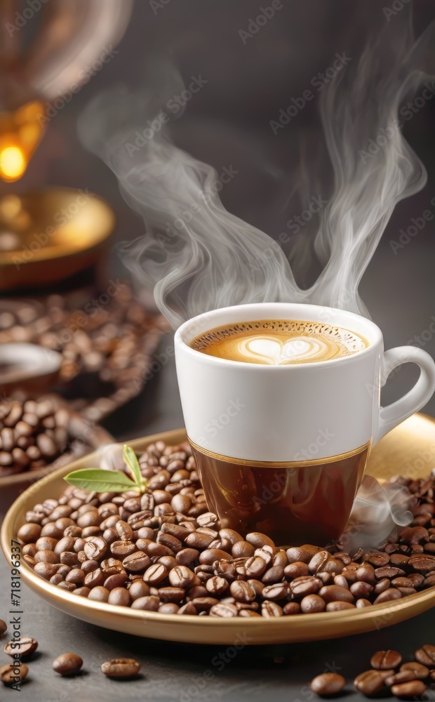 cup of coffee with beans, many coffee beans placed around cup of coffee with beans, many coffee beans placed around