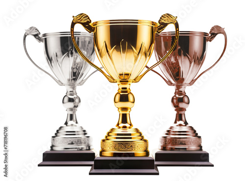 Three shiny trophies (golden, silver and bronze), cut out