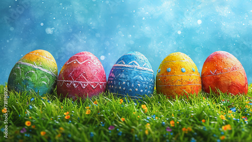 digital image of handmade Easter eggs standing in a row on the grass with small flowers