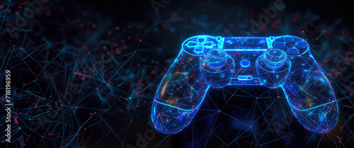 Generative AI, Neural network synapse futuristic illustration with joystick game controller dark background for video games, copy space