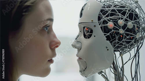 dialogue between a person and a robot with a human face and a neural network instead of a brain