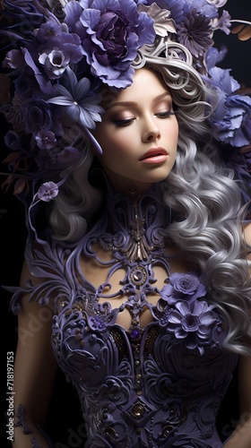 High-fashion figures showcasing intricate designs against a mesmerizing violet