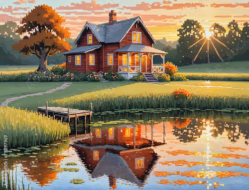 Impressionist Pixel Art of a Remote Lockkeeper's House and Seaside Cottage with a Charming Apiary Gen AI photo