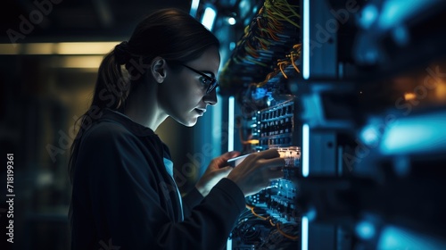 Modern Data Technology Server Racks in big room, IT engineer working on data rack, copy space for text © AUNTYANN