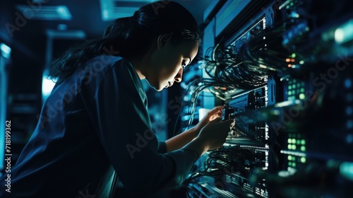 Modern Data Technology Server Racks in big room, IT engineer working on data rack, copy space for text