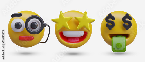 Smiley with monocle, stars instead of eyes, mouth full of money. Successful business. Detective investigation. Set of funny vector icons in realistic style