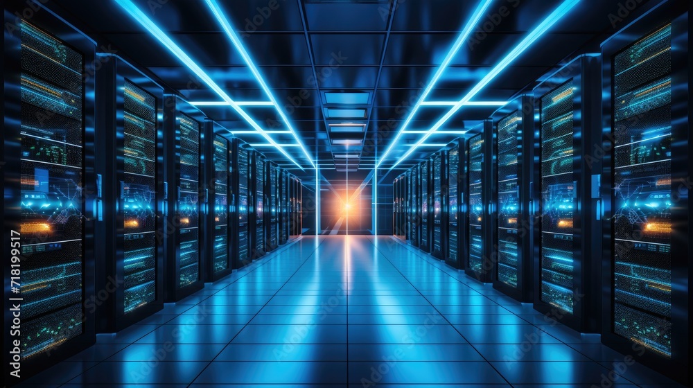 Modern Data Technology Server Racks in big room, IT engineer working on data rack, copy space for text Modern Data Technology Server Racks in big room, IT engineer working on data rack, copy space for text