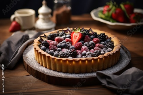 a fruit tart on a wooden table with a plate of strawberries, blueberries, and raspberries in the middle of the tart on the plate.