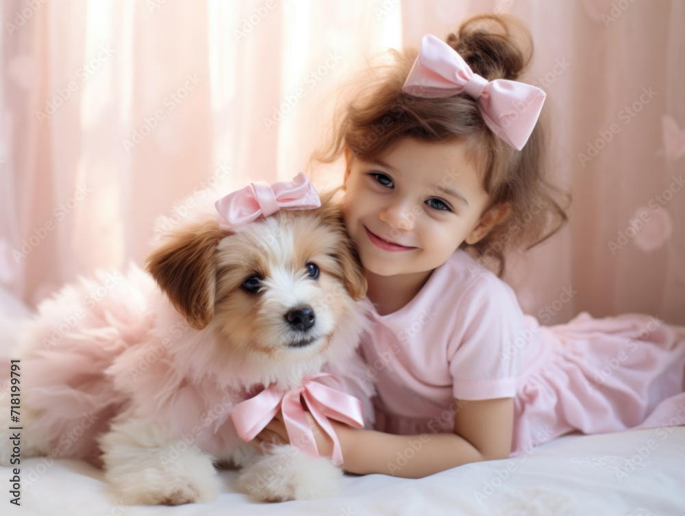 Smiling Little Girl and Fluffy Puppy in Matching Pink Bows Smiling Little Girl and Fluffy Puppy in Matching Pink Bows