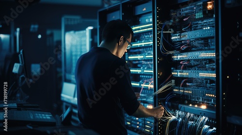 Modern Data Technology Server Racks in big room, IT engineer working on data rack, copy space for text