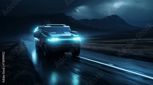 Electric car SUV night road. Neural network AI generated art