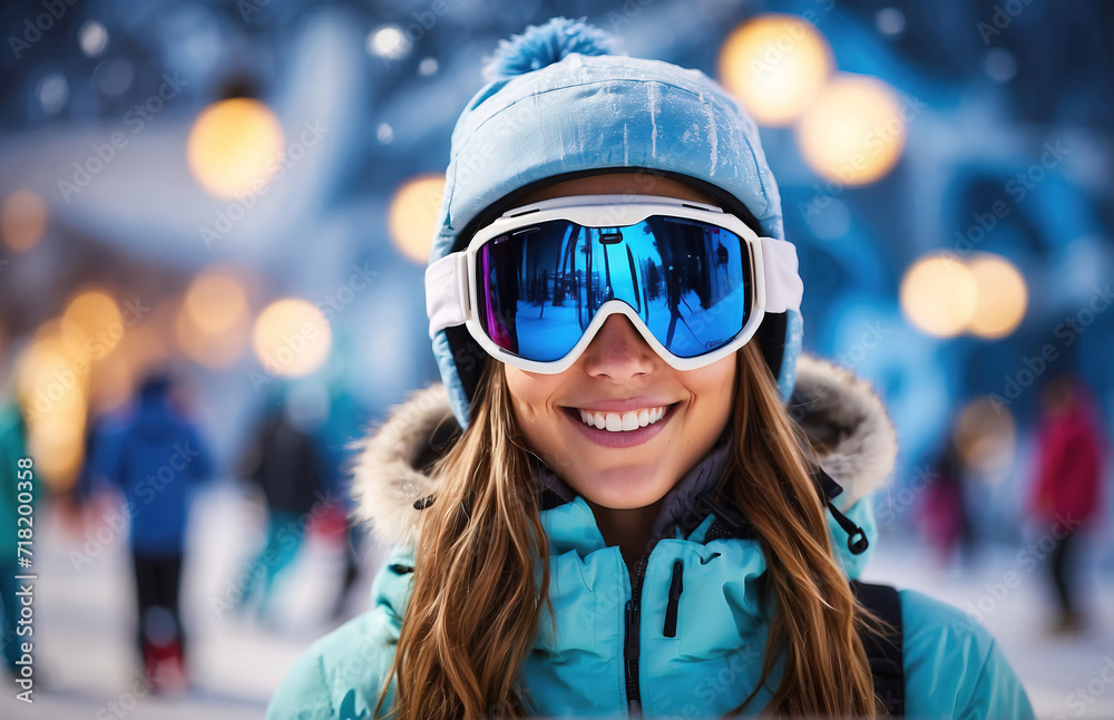 Snowboarder smiling happy young woman in blue suit goggles mask, hat, ski padded jacket Snowboarder smiling happy young woman in blue suit goggles mask, hat, ski padded jacket