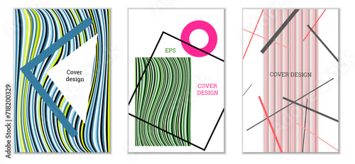 Geometric cover design, set of 3 covers. Abstract unusual background in Memphis style. Bright geometric shapes in random order
