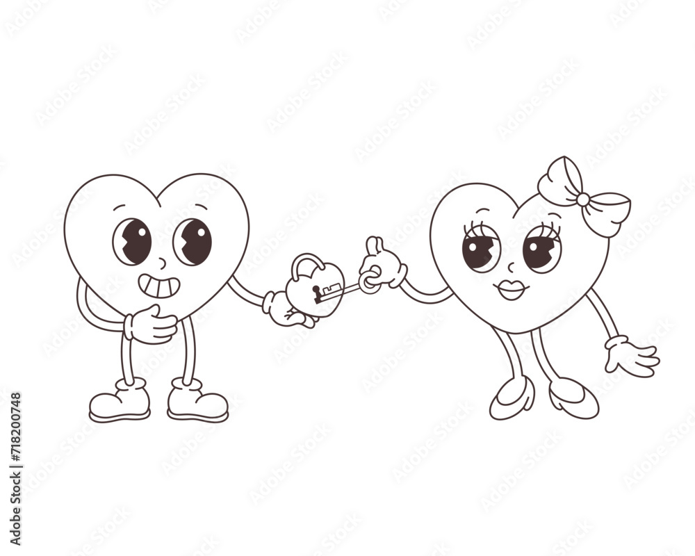 Fotografie Groovy retro cartoon heart characters