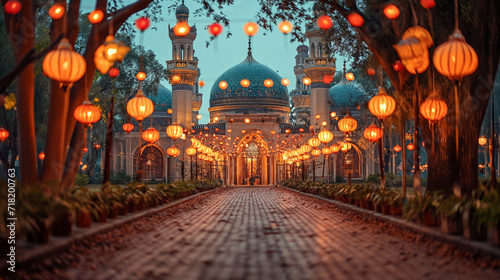 A mosque illuminated with lights and lanterns during the evening of Eid Mubarak