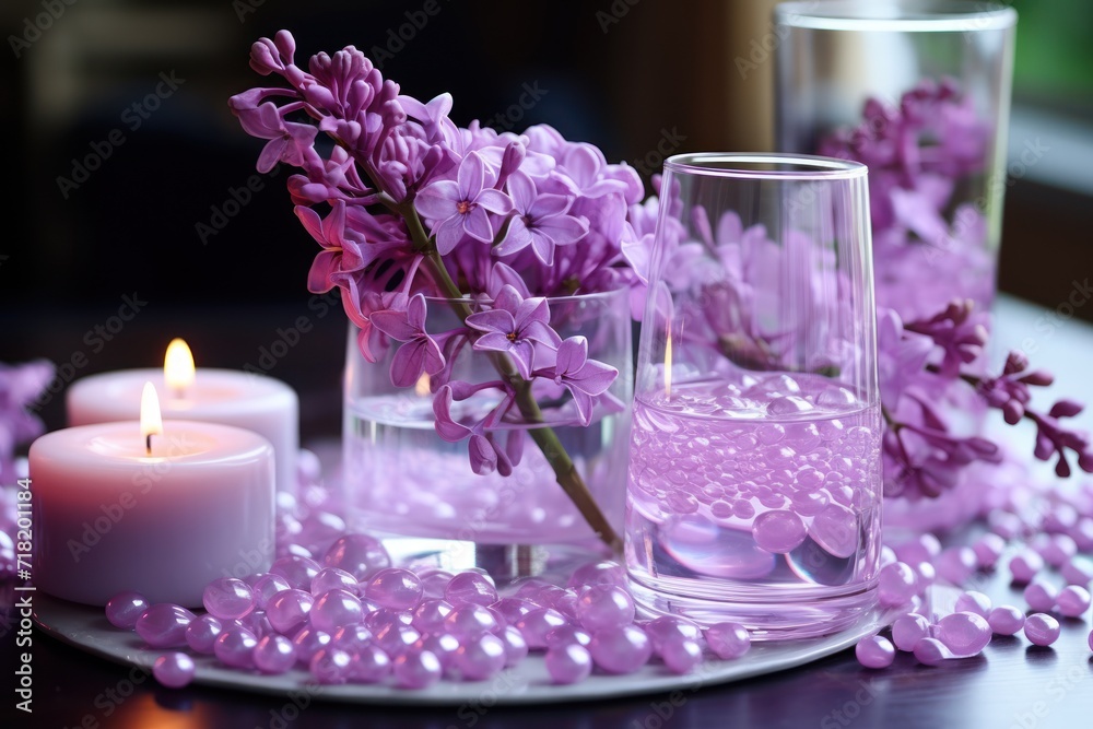 a close up of a plate of food with a candle and a vase of flowers on the side of the plate and a candle on the other side of the plate. a close up of a plate of food with a candle and a vase of flowers on the side of the plate and a candle on the other side of the plate.