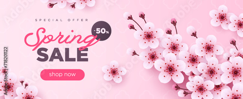 Spring sale long pink banner with cherry blossom