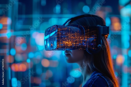 Woman with VR headset connected to a futuristic network, exploring a virtual interface. Tech-savvy female navigating through digital network nodes in a VR simulation.