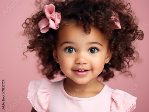 Adorable Curly-Haired Toddler Girl Smiling with Pink Bow