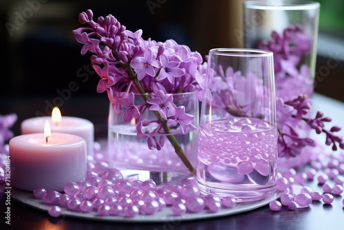  a close up of a plate of food with a candle and a vase of flowers on the side of the plate and a candle on the other side of the plate.