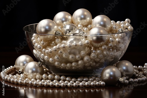  a glass bowl filled with white pearls and a bunch of silver beads on a table next to a chain of pearls on a table top of a wooden surface with a black background.