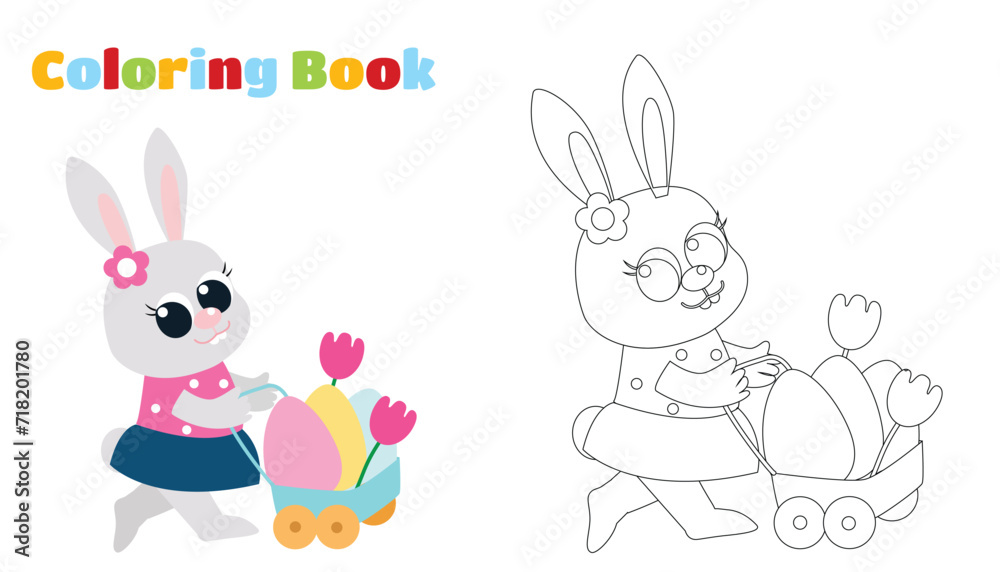 Coloring page. Easter bunny girl in a dress carries a cart with decorative eggs. Festive illustration of happy character in cartoon style. Coloring page. Easter bunny girl in a dress carries a cart with decorative eggs. Festive illustration of happy character in cartoon style.