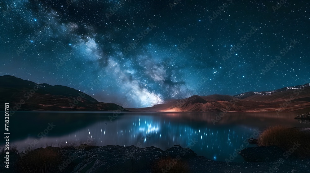 starry night sky over a tranquil lake, with the Milky Way and constellations visible in the darkness