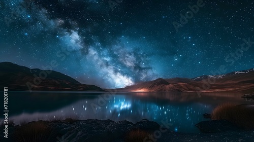 starry night sky over a tranquil lake, with the Milky Way and constellations visible in the darkness © @ArtUmbre