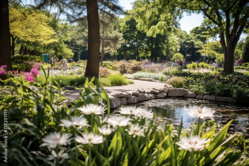 a pond surrounded by trees and flowers with a bridge in the middle of the pond and people walking in the distance on the other side of the pond and on the other side of the pond. a pond surrounded by trees and flowers with a bridge in the middle of the pond and people walking in the distance on the other side of the pond and on the other side of the pond.