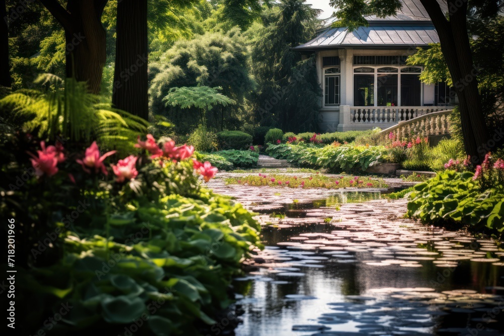  a gazebo in the middle of a garden with lily pads in the foreground and a pond in the middle of the garden with lily pads in the foreground.